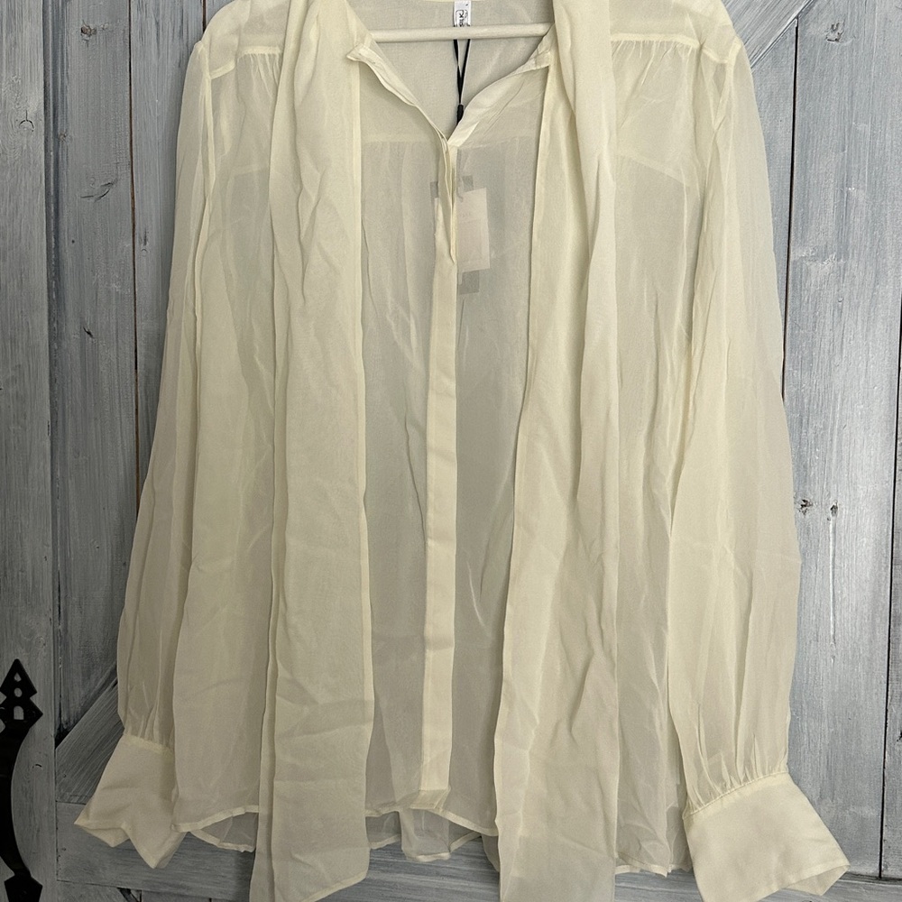LilySilk Jasmine Sheer Cream Blouse with Tie Neck